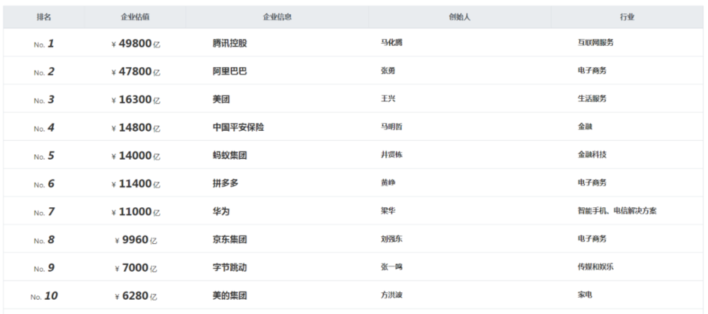 中国市值排名Top 10的民营企业里，互联网公司占有7席（来自胡润中国的2020年报告）