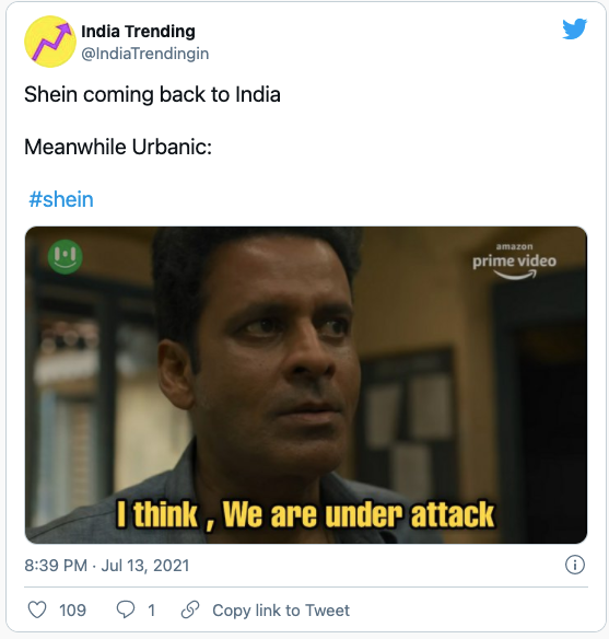 Twitter上印度人正为Shein的回归展开meme创作 / Twitter