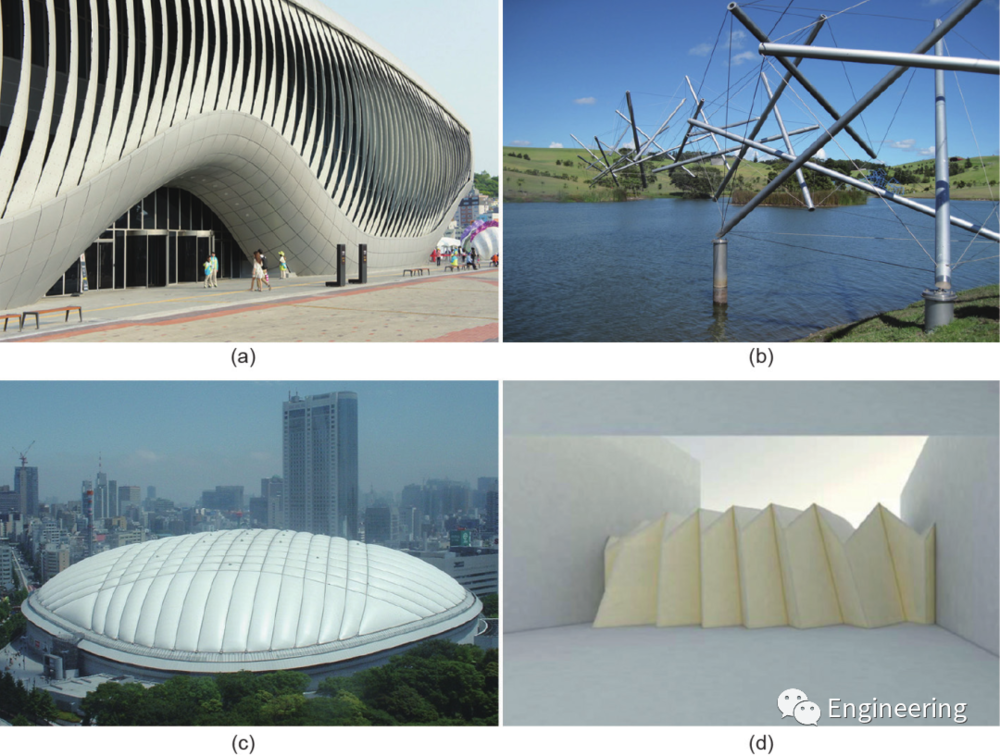 图3 可变形结构的实际应用。（a）主题馆；（b）张拉整体结构体系；（c）东京巨蛋体育馆；（d）刚性折纸结构<br>