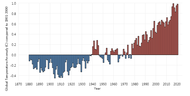 自1880年历年地球表面温度柱状图（基准线表示地球表面温度1901年到2000年平均值，蓝条和红条分别表示低于或者高于该平均值的差值）
