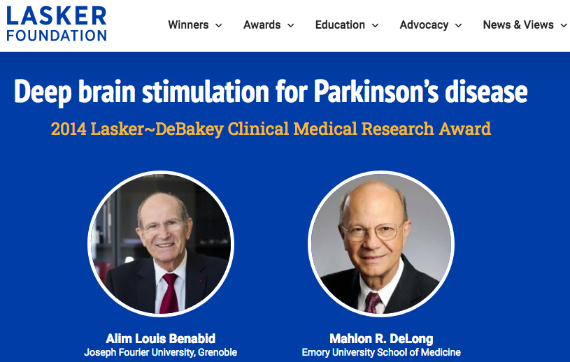 图11. Mahlon DeLong和Alim Louis Benabid共享2014年的拉斯克临床医学奖。