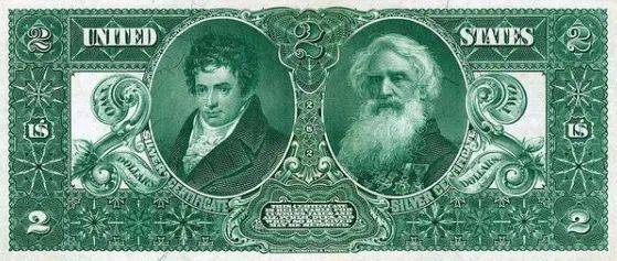 图10. 1896年的2元美钞（左：富尔顿，右：莫尔斯）