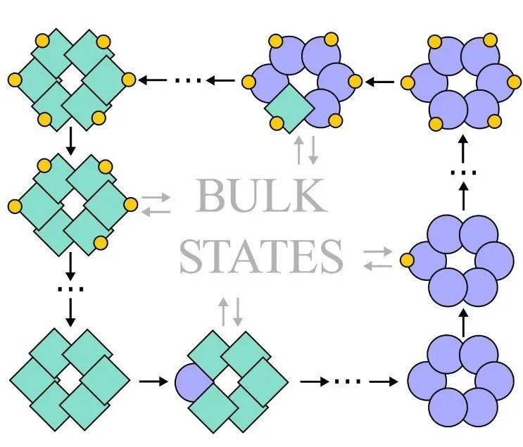  图中显示的是一个在经历边缘循环的生物化学系统，这是一个由6个亚基（绿色方片和紫色圆形）组成的蛋白质复合物，这些亚基可以改变形状或与另一个分子（黄色圆形）结合。当其中所有亚基都改变形状，然后与一个分子结合，再全部改变形状，再最后释放那个分子，蛋白质就能显示出边缘循环。｜图片来源：Evelyn Tang et.al<br label=图片备注 class=text-img-note>