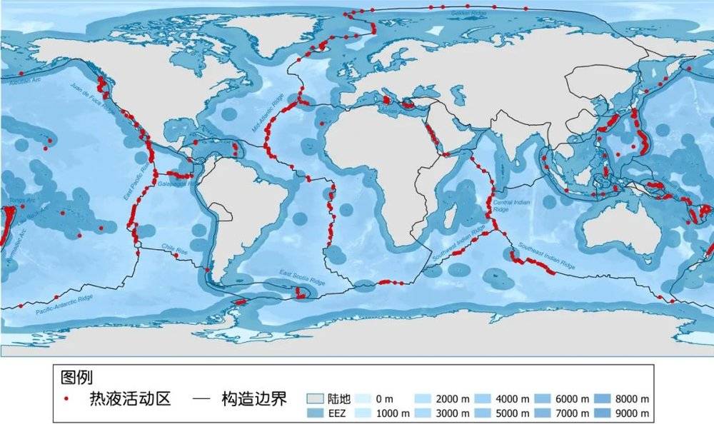  全球海底热液活动区的大致分布图。| 图片来源：Wikicommons<br label=图片备注 class=text-img-note>