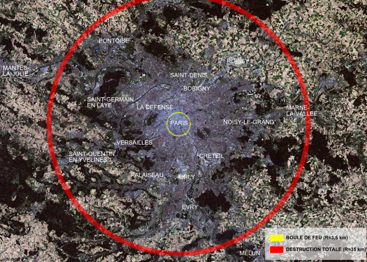 沙皇核弹（Tsar Bomba）如果在巴黎市区爆炸的话，将完全将这座城市抹除。图片上红色圆圈之内意味着被完全破坏，该圆圈的半径为35公里。黄色圆圈是火球的大小，半径为3.5公里。图片来源：sci-news.com