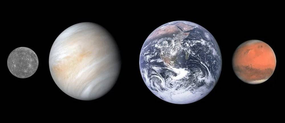 水星、金星、地球、火星的大小对比。图片来源：sci-news.com