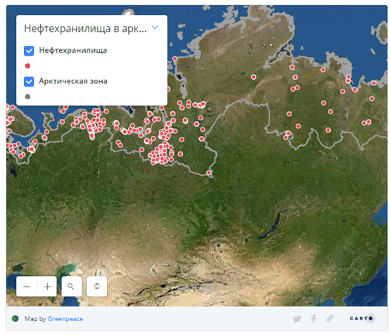 2021年5月29日，绿色和平俄罗斯办公室发布一个线上交互地图，标记了俄罗斯化石能源公司在西伯利亚-北极圈内的油罐位置。/ 网页截图<br>