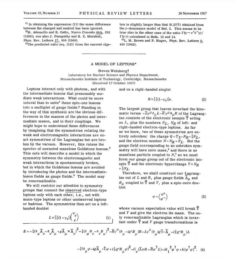 温伯格最著名的文章A Model of Leptons只有三页丨图源：参考资料[2]<br>