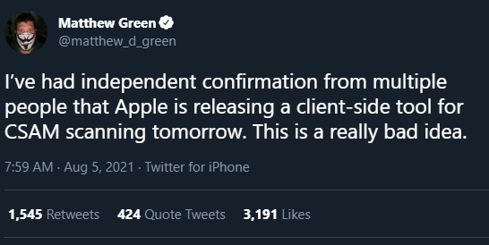 端侧的意思就是扫描工作在用户设备上完成。截图来源：Matthew Green 的 Twitter 账号<br>