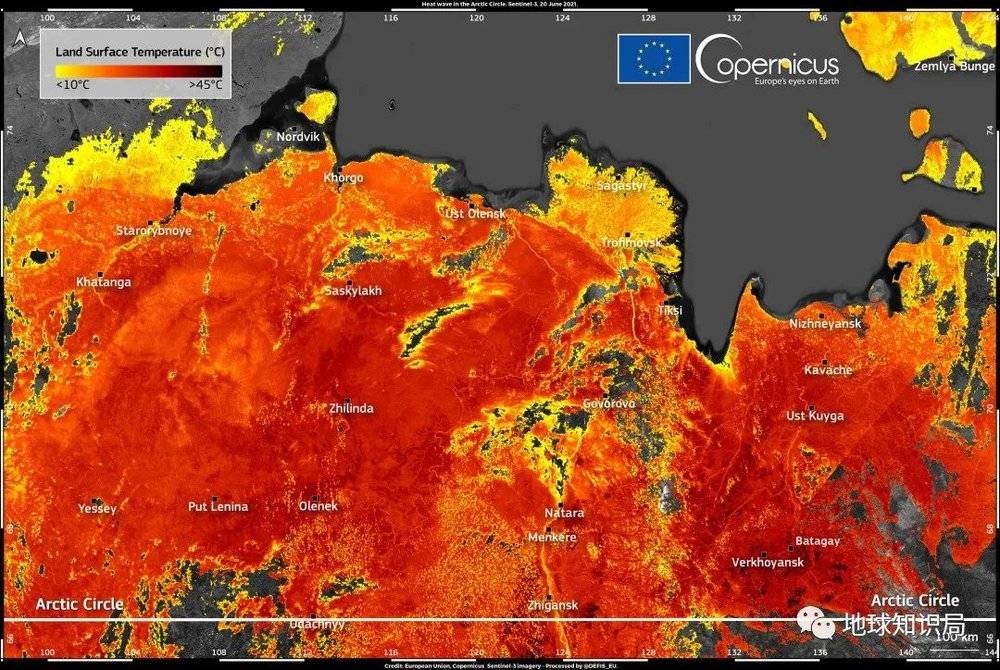 西伯利亚今年6月20日的地表温度示意