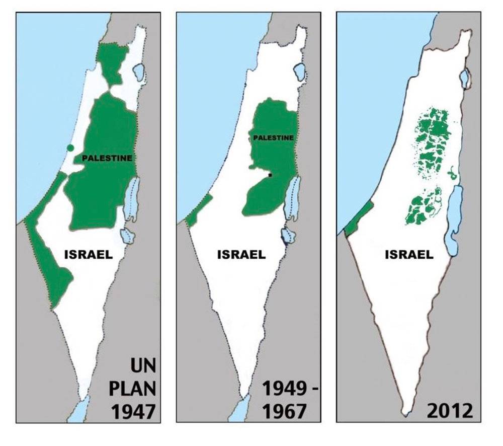 最左侧的图是1947年联合国通过的巴勒斯坦地区规划地图，白色的是以色列国疆域，绿色是阿拉伯国疆域。