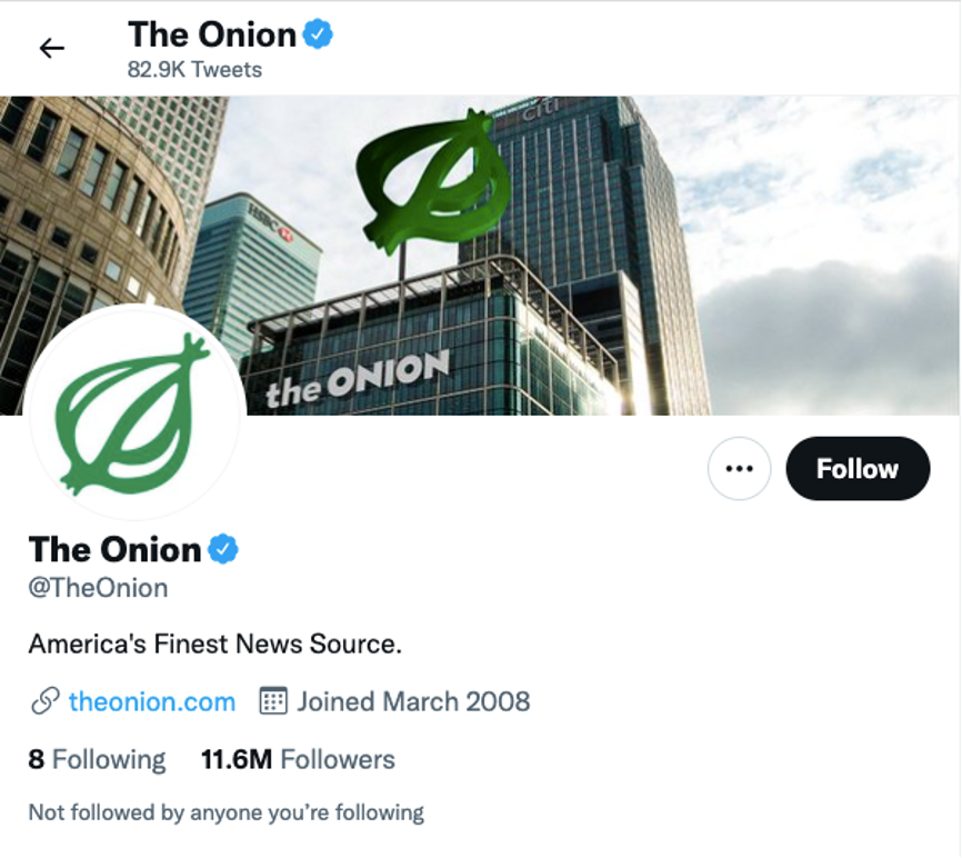 洋葱新闻在2008年开通了twitter账号，目前粉丝破千万。图片来源：Twitter@The Onion<br>