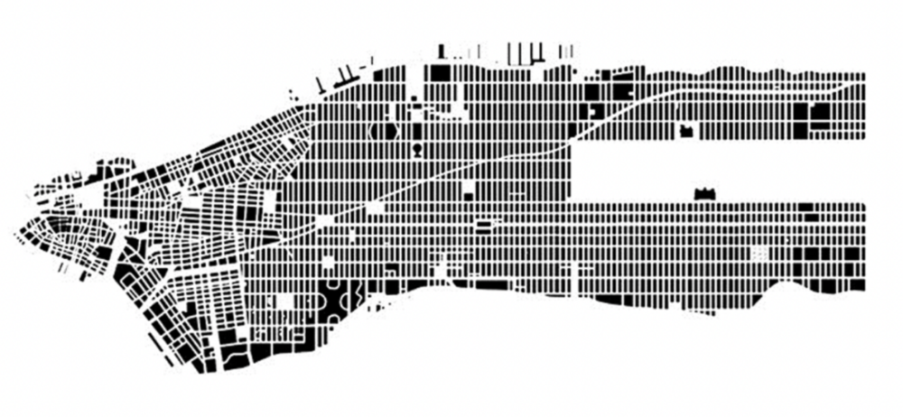 纽约曼哈顿的图底关系平面图（未按照正南北方向摆放）。图片来源：ScottF Studio<br>