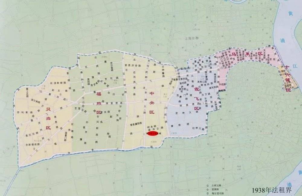 1938年法租界分区图，红色区域为今田子坊区域。图源：方志上海 <br>