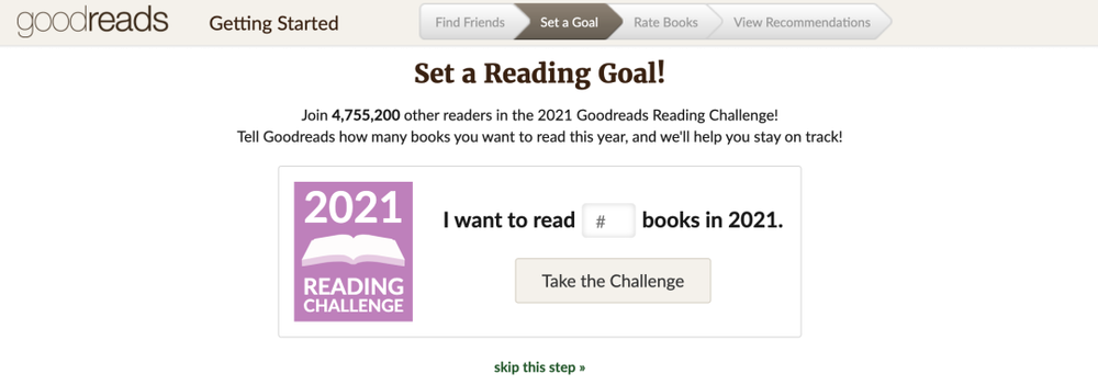 刚进入 Goodreads 就可以立下年度阅读目标<br>