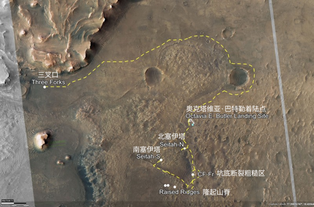 今年2月，毅力号在火星耶泽罗陨石坑的奥克塔维亚·巴特勒着陆点（Octavia E. Butler Landing Site）成功着陆。但它在工程师称为“坑底断裂粗糙区”（CF-Fr）的平坦岩石上的首次采样未获成功。接下来，毅力号将在名为“塞伊塔”（Séítah）的沙地再次尝试，然后掉转方向（沿着图中的黄色虚线）前往耶泽罗的古三角洲（图中的三叉口）。来源：NASA/JPL-Caltech/University of Arizona