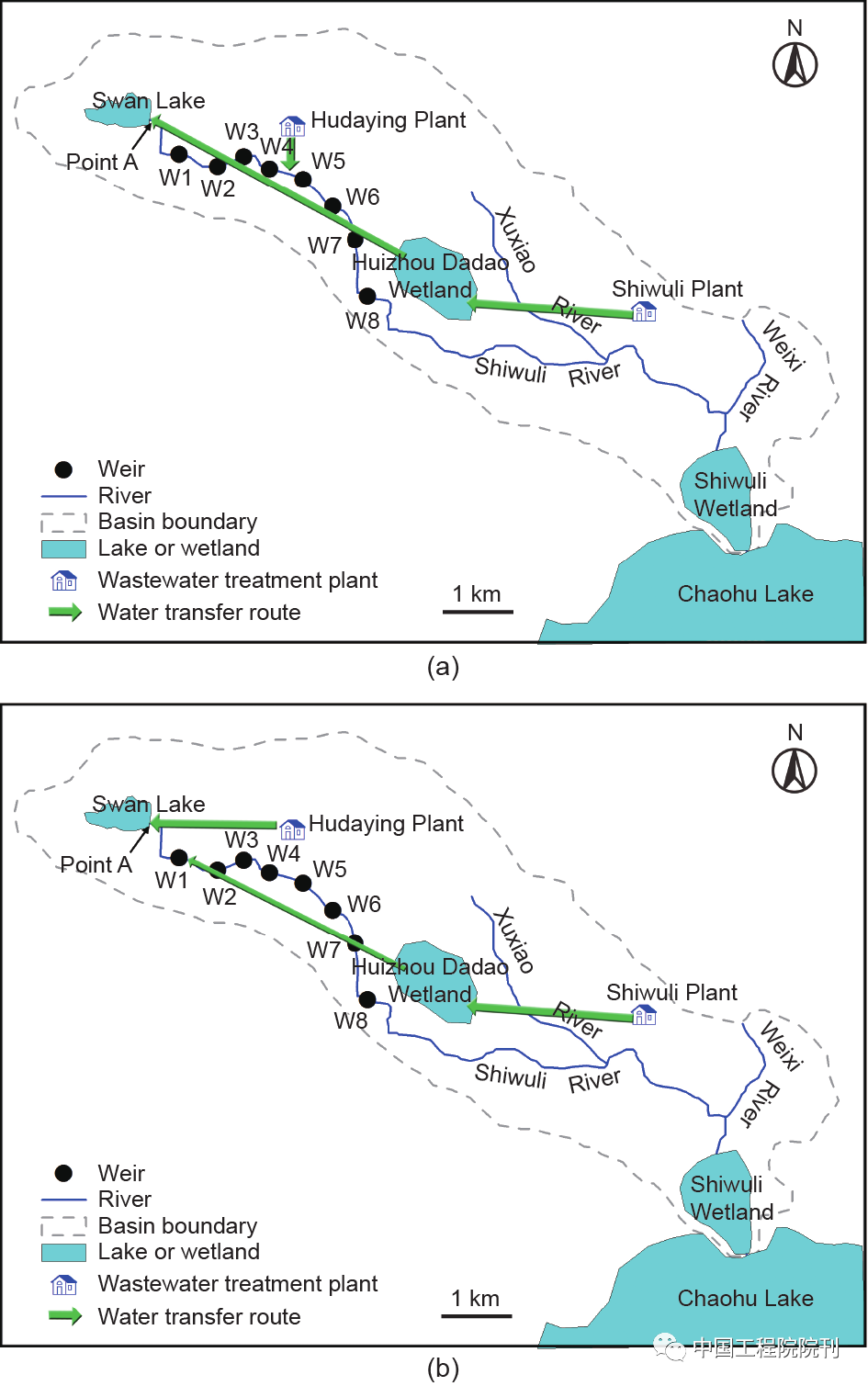  图2 生态流量保障的输水路线。（a）旧路线；（b）本研究提出的新路线<br>