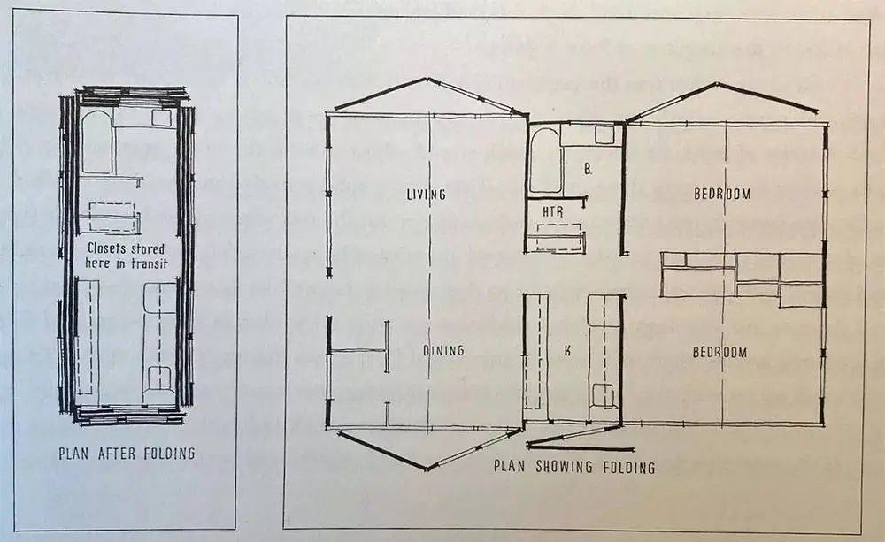 Carl Koch 绘制的预制房屋 Acorn Homes 效果图。 图片来自：Treehugger
