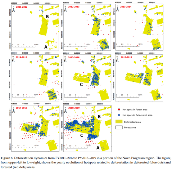 ● Novo Progresso地区毁林地块（黄绿色块）与森林火灾分布的位置关系，蓝点代表火灾发生在毁林地块上，红点发生在毁林地块之外。/ Silva et al., 2021<br>