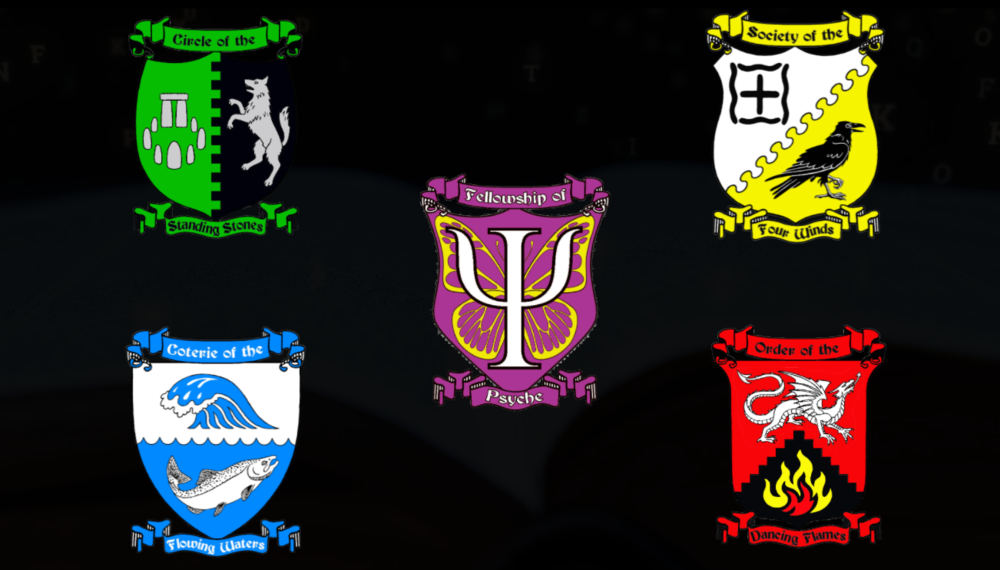 图中5个学院，巨石阵（绿）、四风（黄）、流水（蓝）、舞火（红）、普赛克（紫），其中普塞克为青少年学院