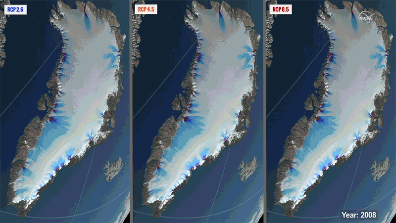 NASA研究人员运用模型预测了到2300年温室气体排放量对冰的融化率的影响，从左到右依次为低、中、高排放。图源：NASA<br>
