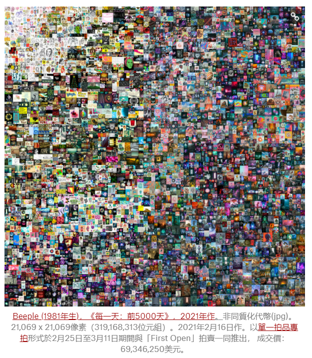Beeple数字艺术作品《每日：前 5000 天》。图片来源：佳士得网站<br>