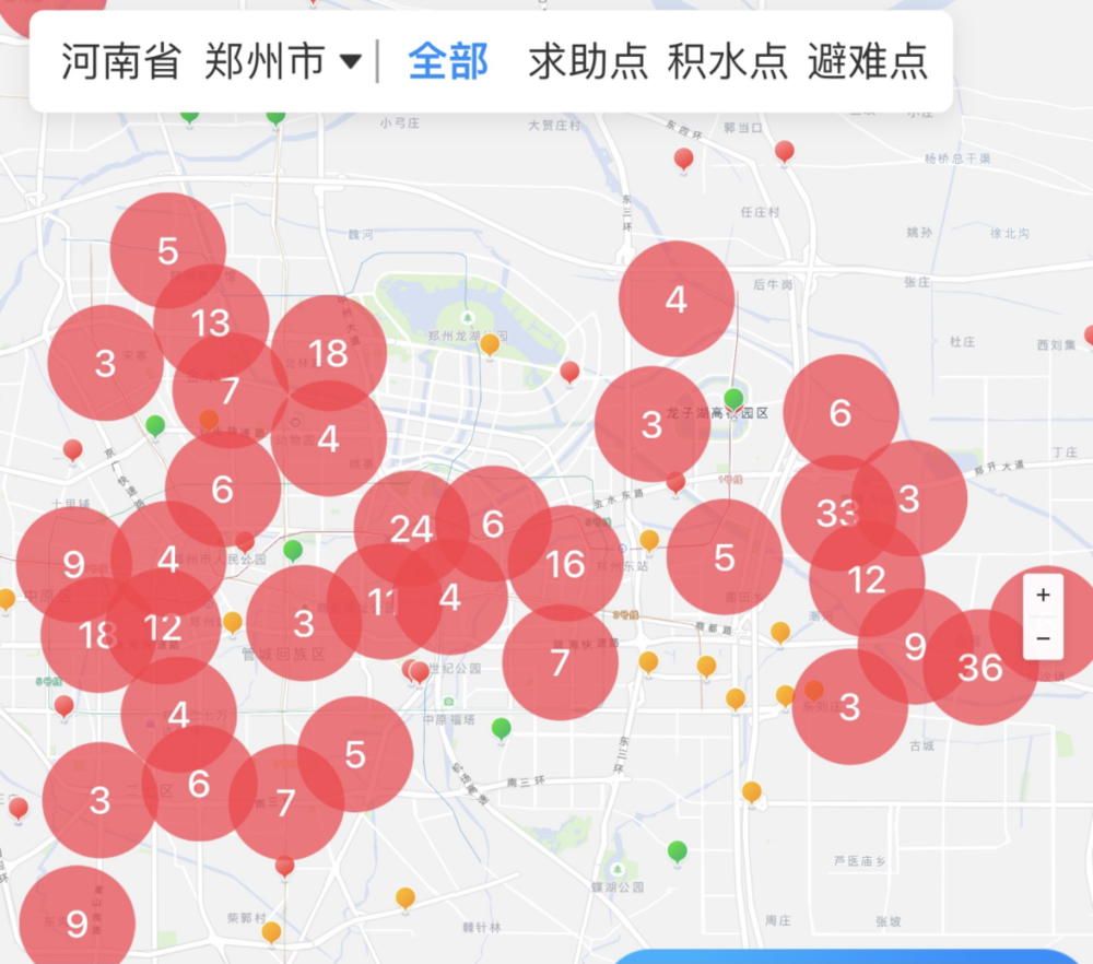 图1. 地图显示灾难互助网络中求救和救援信息、危险区域节点，未标示节点之间连接信息<sup>[1]</sup><br>