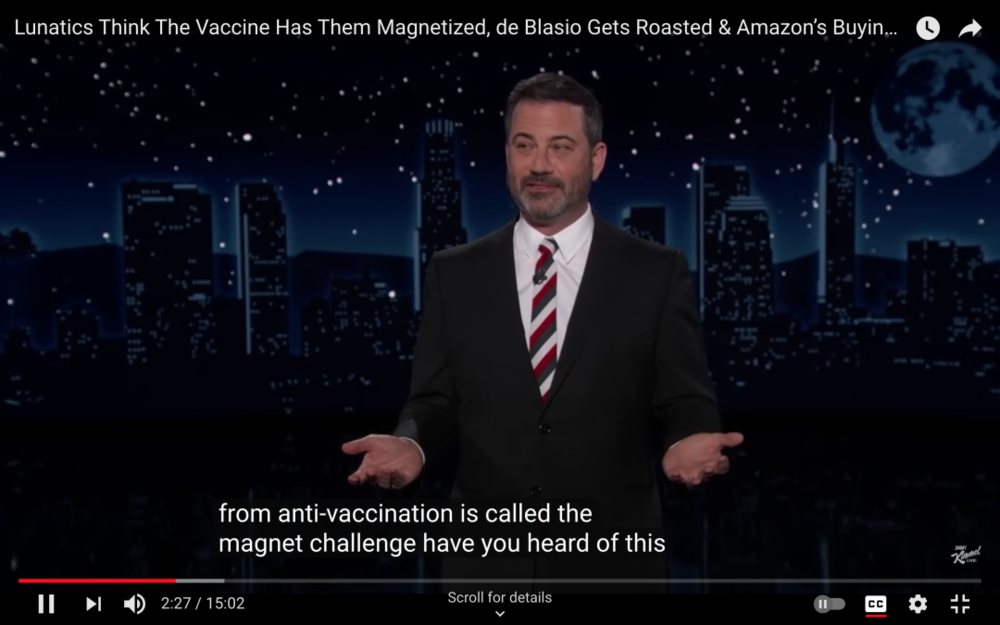 今年五月，吉米鸡毛秀就曾调侃过“磁性挑战” | Jimmy Kimmel Live<br>