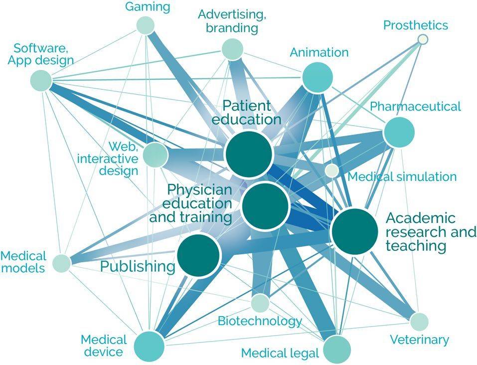 医学艺术学的运用领域，包括患者教育、学术研究与教学、医生教育与培训、出版、医学模型、医学设备、网页及交互设计等（来源：AMI）<br>