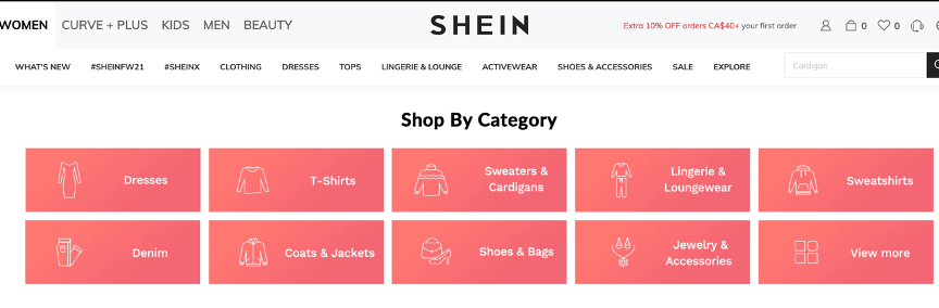 Shein种类齐全的产品分类，图片截自于Shein主页<br>