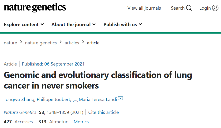 相关研究以“Genomic and evolutionary classification of lung cancer in never smokers”为题，发表在最新一期的 Nature Genetics 杂志上。<br>