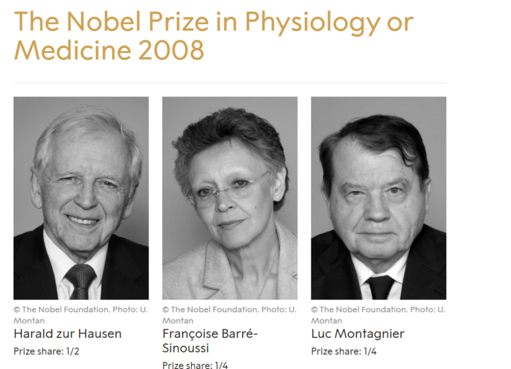 Harald zur Hausen与另外两位科学家分享了2008年的诺贝尔生理学或医学奖。另外两人因发现HIV而获奖（图片来源：The Nobel Prize in Physiology or Medicine 2008. NobelPrize.org. https://www.nobelprize.org/prizes/medicine/2008/summary/）<br>