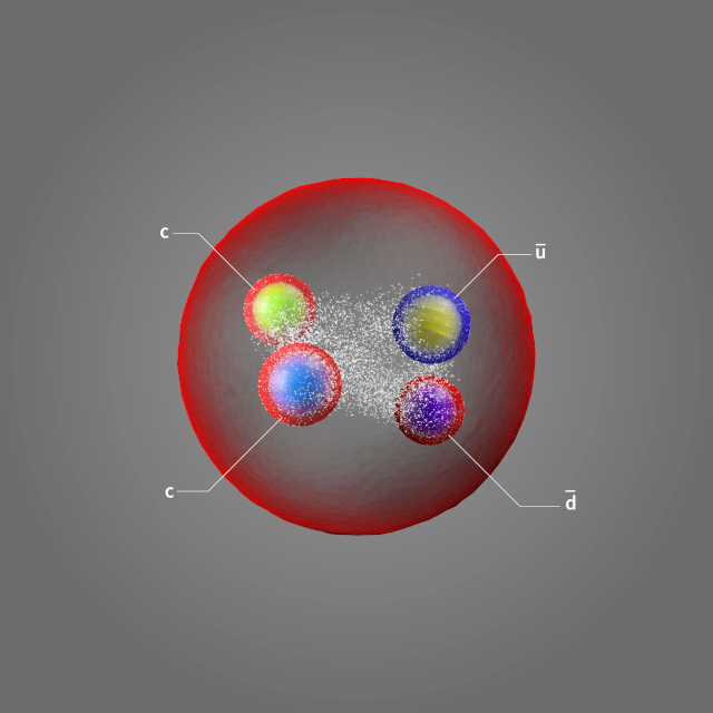  今年7月份，物理学家宣布发现了一个新的四夸克态，由两个粲夸克、一个反上夸克和一个反下夸克组成。| 图片来源：D. Dominguez/CERN<br label=图片备注 class=text-img-note>