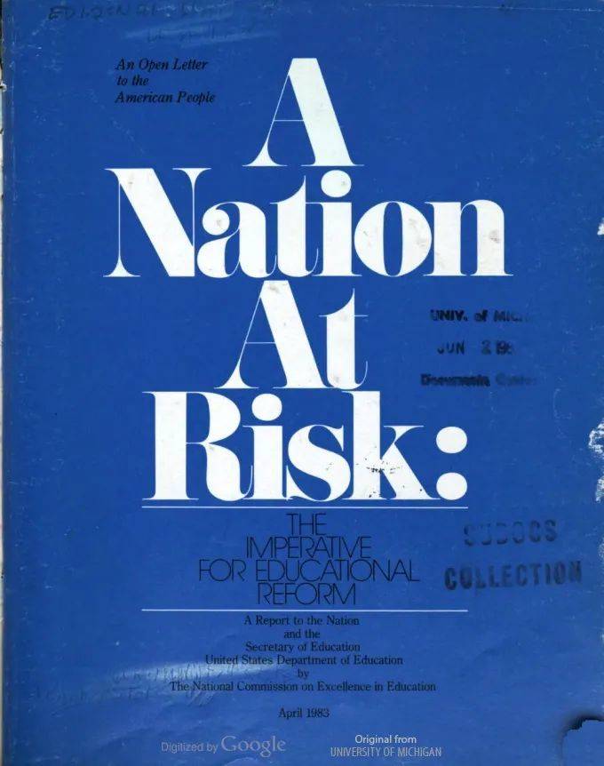 1983年，美国政府出台了一份名为“A Nation at Risk”（国家危机）的报告，原文地址：www2.ed.gov/pubs/NatAtRisk/risk.html。图片来源：wikipedia<br label=图片备注 class=text-img-note>
