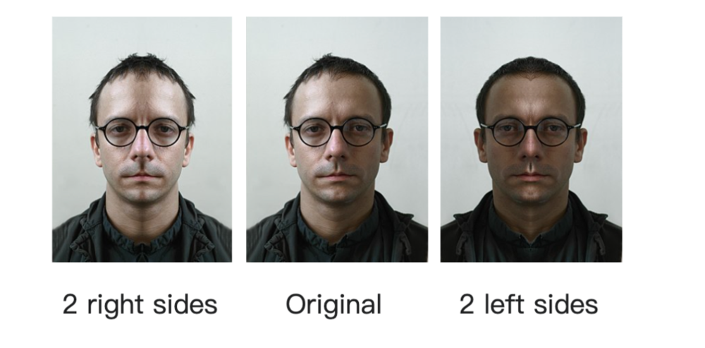 中间为原始照片，左侧和右侧分别为双右脸和双左脸。（图 Wiki)<br label=图片备注 class=text-img-note>