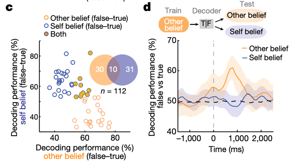 图6 单神经元活动对自我信念（self belief）vs.他人信念（other belief）的解码成功率：可以看出，能够成功区分自我信念准确与否的神经元（蓝色）与能够区分非他人信念准确与否的神经元（橙色）只有少数重合。