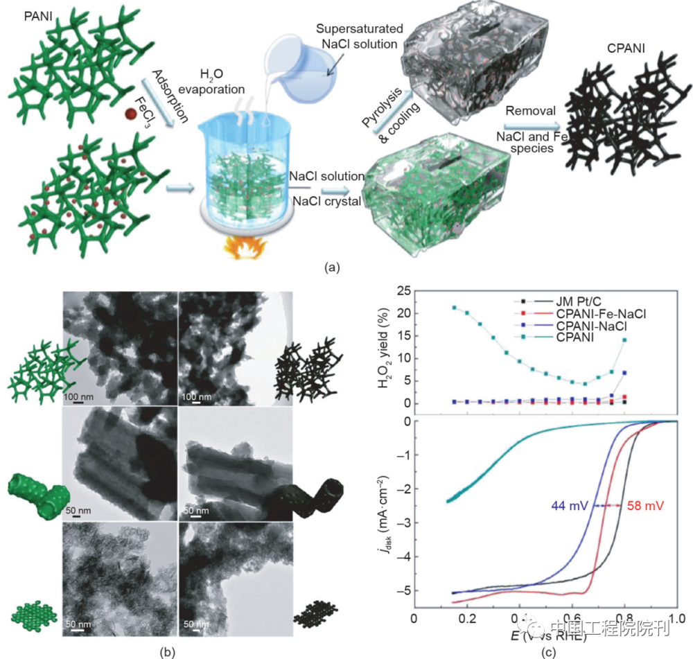 图6 （a）盐重结晶法形貌固定示意图；（b）所制的3D纳米结构聚苯胺（PANI）和对应碳化产物的透射电镜图（TEM）；（c）不同样品的H<sub>2</sub>O<sub>2</sub>产出曲线和ORR曲线<br>