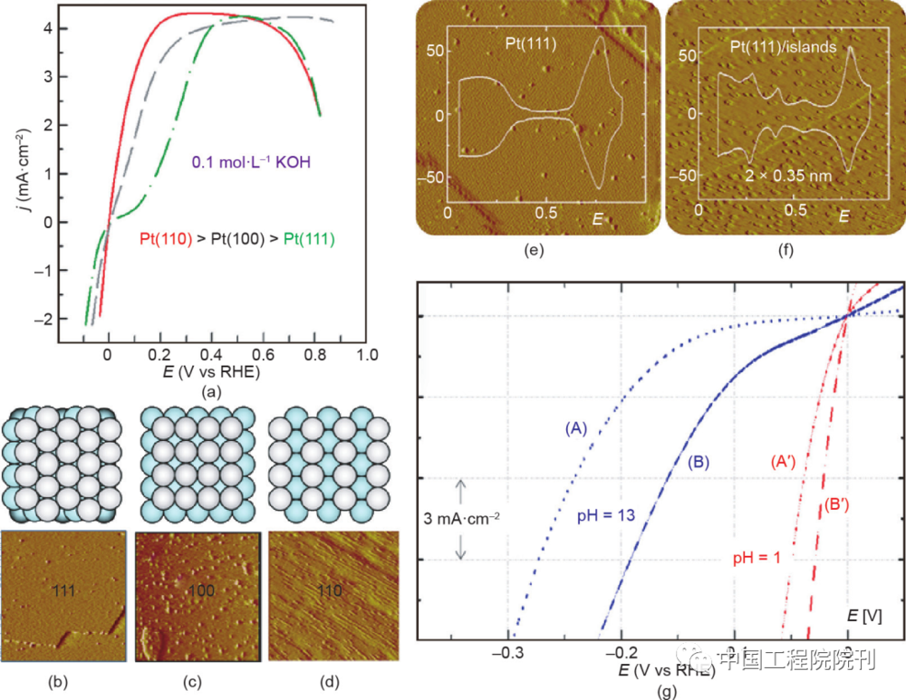 图7 （a）Pt不同晶面的HER/HOR；（b）~（d）Pt不同晶面的STM（插图为其对应的结构模型）；（e）制备的Pt (111)和岛状Pt/Pt (111)表面的 STM图；（g）两个Pt晶面的HER活性曲线图<br>