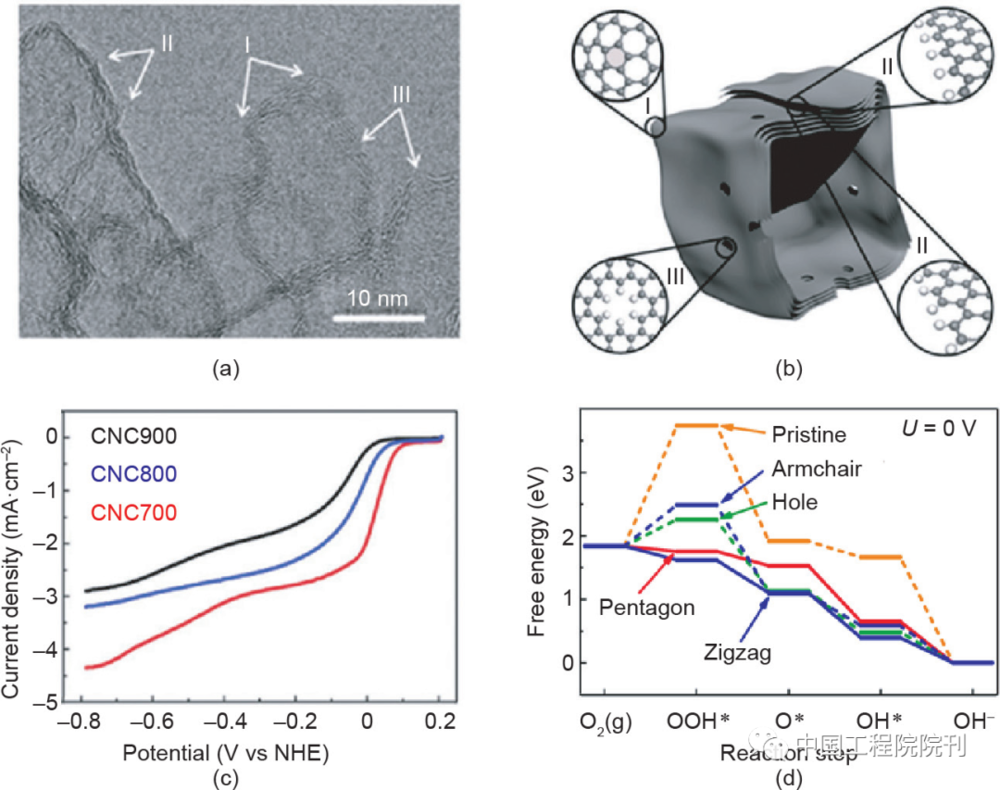图15 CNC700的高倍透射电镜图（a）和结构示意图（b）；（c）CNC样品的旋转圆盘电极（RDE）ORR活性曲线；（d）不同缺陷的ORR步骤的自由能图<br>