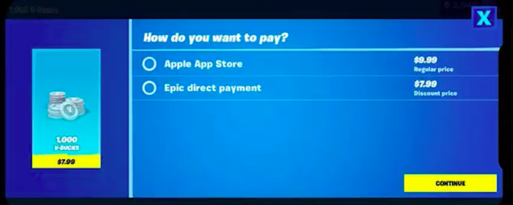 图 | 《堡垒之夜》为玩家在游戏内的货币提供了折扣，前提是直接支付Epic，而不是使用苹果支付系统