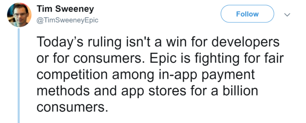 图 | Tim Sweeney在判决出来之后发布的推文：“法院的判决对开发者或消费者来说都不是胜利，Epic正在为10亿消费者争取应用内支付方式的公平竞争 ”