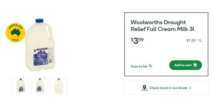 Woolworth的自产鲜奶，每升价格仅为1.2澳元（约合人民币5.7元）。/超市官网截图<br>