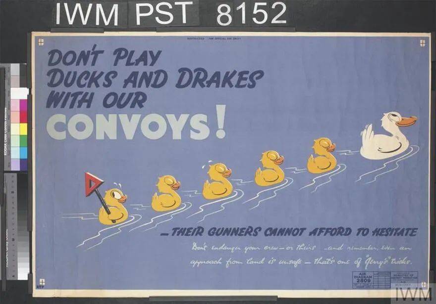 二战期间融合了“ducks and drakes”鸭子和打水漂两种含义绘制的海报<br>