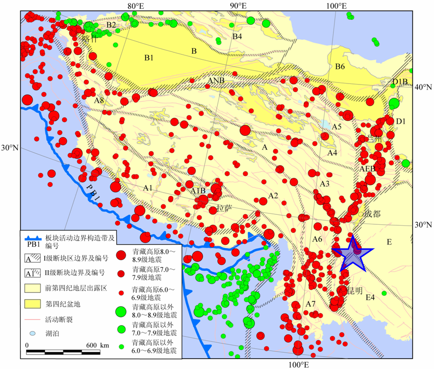 图2. 青藏高原活动构造分区与大地震（据邓启东等，2014）<br label=图片备注 class=text-img-note>