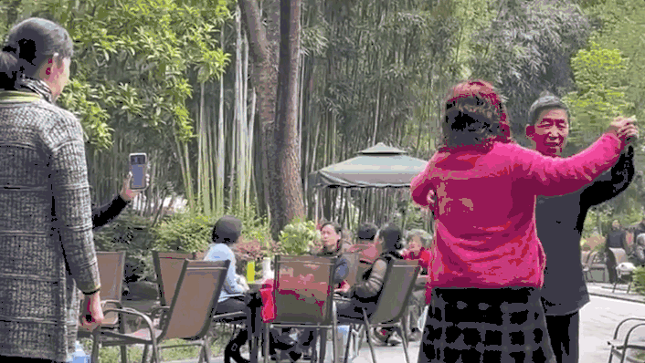 望江公园一隅，注意观察，两人跳舞，左边还有老铁子专门拿手机公放舞蹈教程。（图｜碳酸狗）<br>