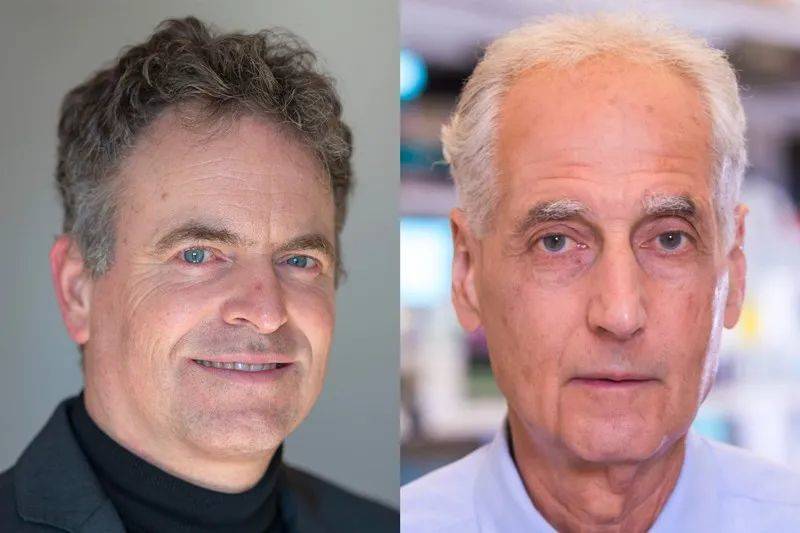 Ingmar Hoerr（左）创立了CureVac公司，癌症免疫学家Eli Gilboa（右）成立了第一家mRNA治疗公司。来源：Sebastian Gollnow/dpa/Alamy; Eli Gilboa<br>