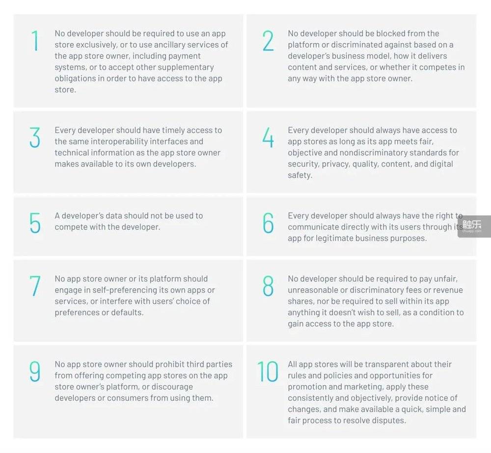 CAF向应用商店提出的10条愿景，在这些愿景下方，他们呼吁所有开发者“共同反击苹果对应用生态系统的垄断”<br>
