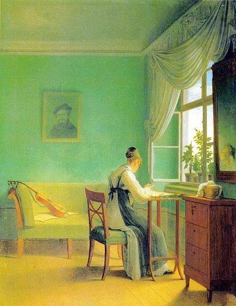 1812年 Georg Friedrich Kersting 绘制的使用了舍勒绿的油画。图片来源：wikipedia<br label=图片备注 class=text-img-note>