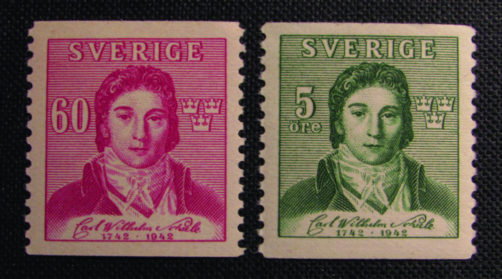 印着舍勒头像的瑞典邮票。图片来源：doi.org/10.1007/978-3-030-49194-9_3<br label=图片备注 class=text-img-note>