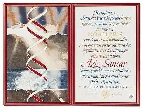 2015年共享诺贝尔化学奖的三位获奖人的证书；获奖研究是有关DNA修复的工具（什么是修复DNA的工具？戳右边2015诺奖：人类偷看到了细胞君用来修复DNA的工具箱丨nobelprize.org<br>